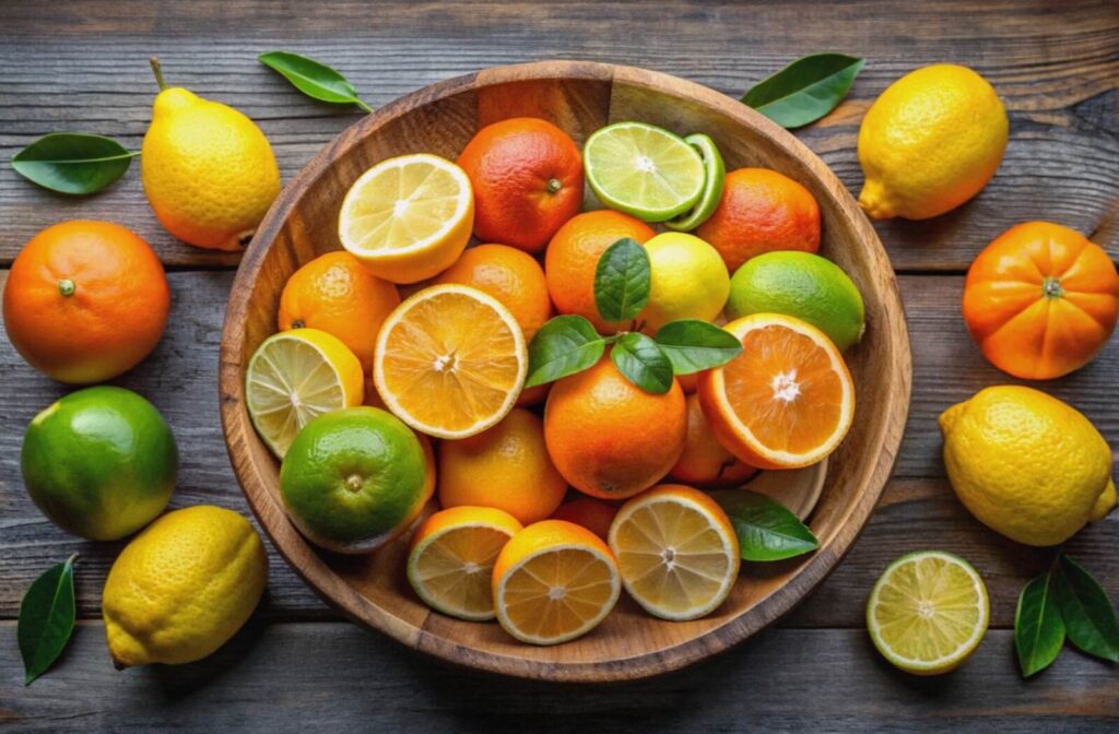 to: A bowl of lemons, limes, and oranges on a wooden table