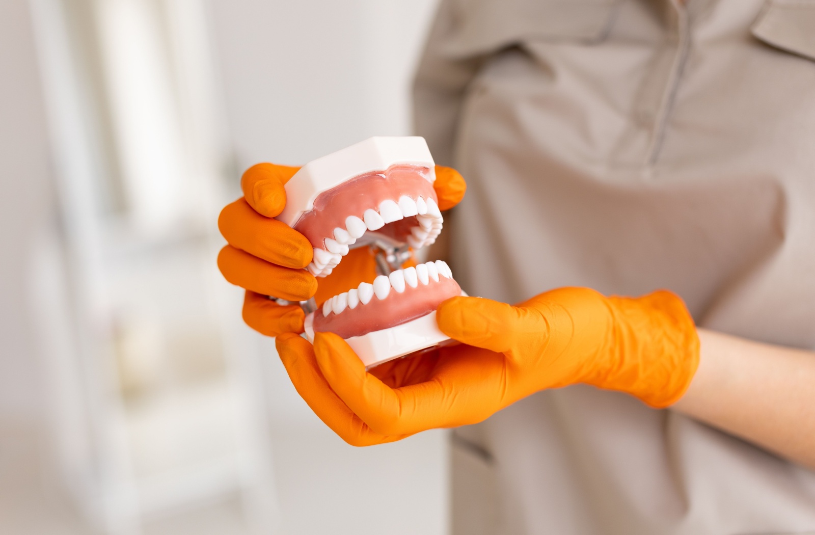 A person wearing orange gloves holds an open model of upper and lower dentures.