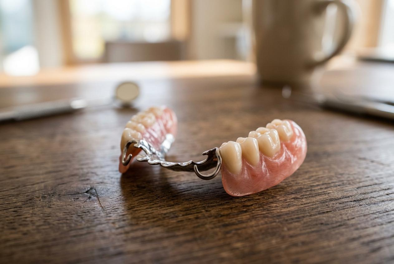 A partial denture with metal clasps and pink gums resting on a wooden table, with a mug blurred in the background.