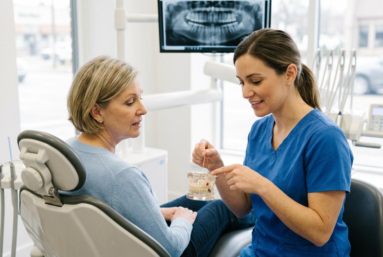 Dental hygienist demonstrating flossing on a teeth model to a seated patient, with a dental X-ray on screen behind them.