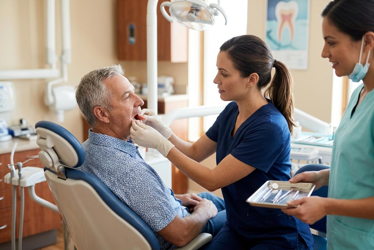 Dentist examines a man's mouth in a dental chair while an assistant holds a tray of instruments.