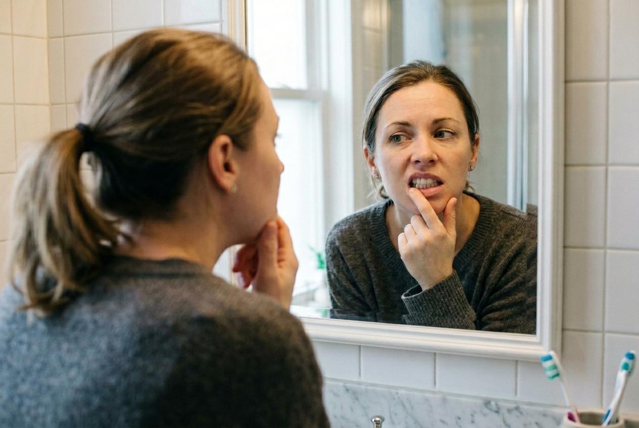 Woman examining her teeth in a bathroom mirror, pulling her lip with one finger; toothbrushes sit on the counter.