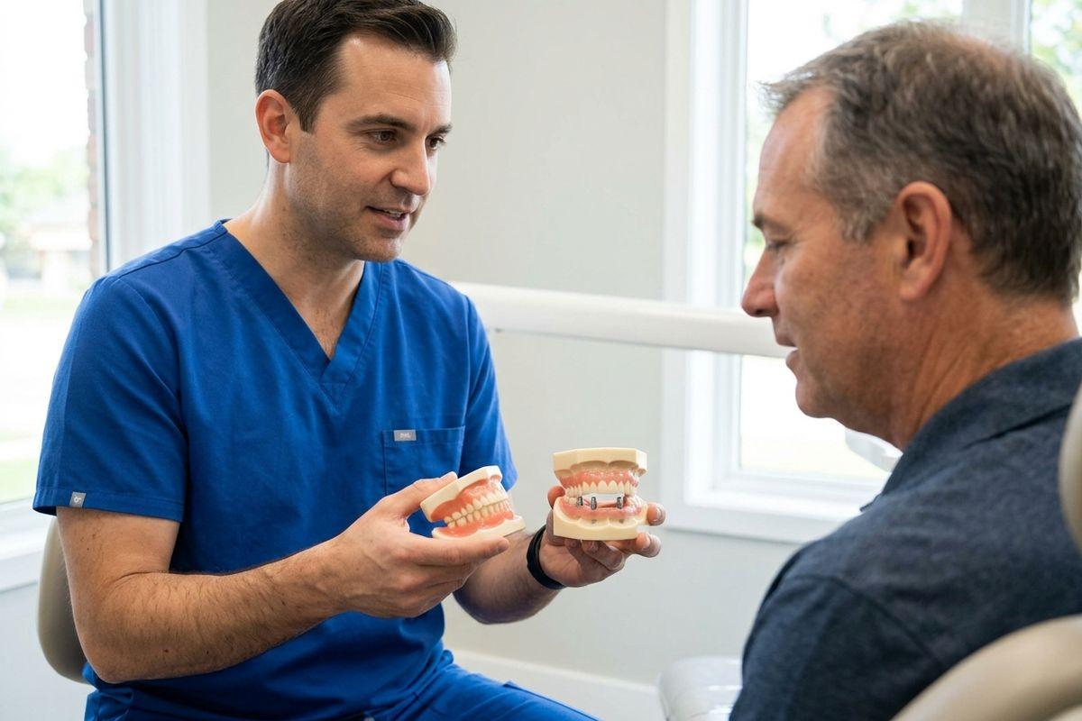 Dentist holding dental and implant models, explaining to a patient seated nearby.