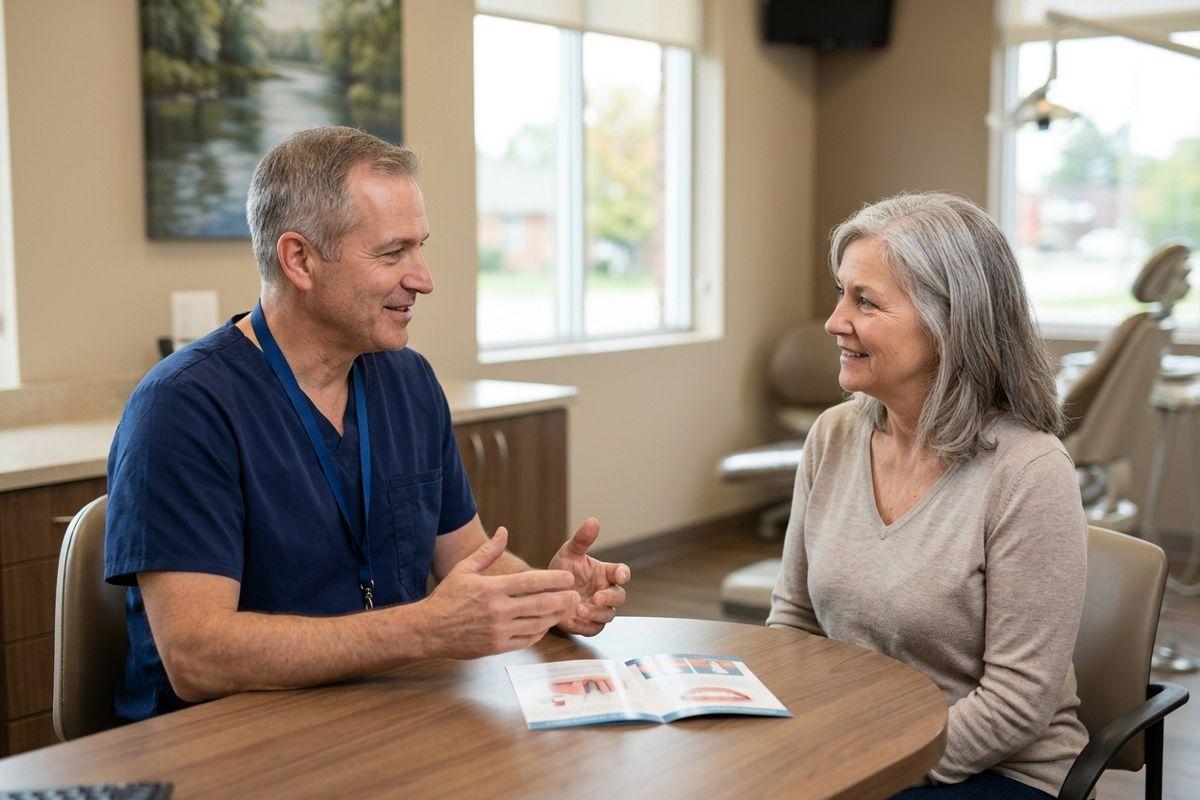 Dentist in scrubs talking with a smiling patient at a table with an open brochure, dental chair in background.