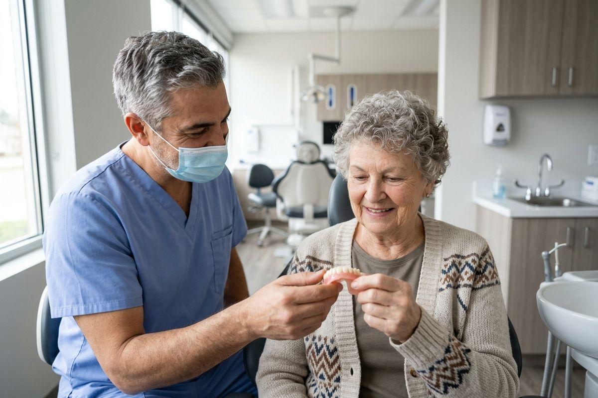Dentist showing dentures to a smiling older patient in a dental office.