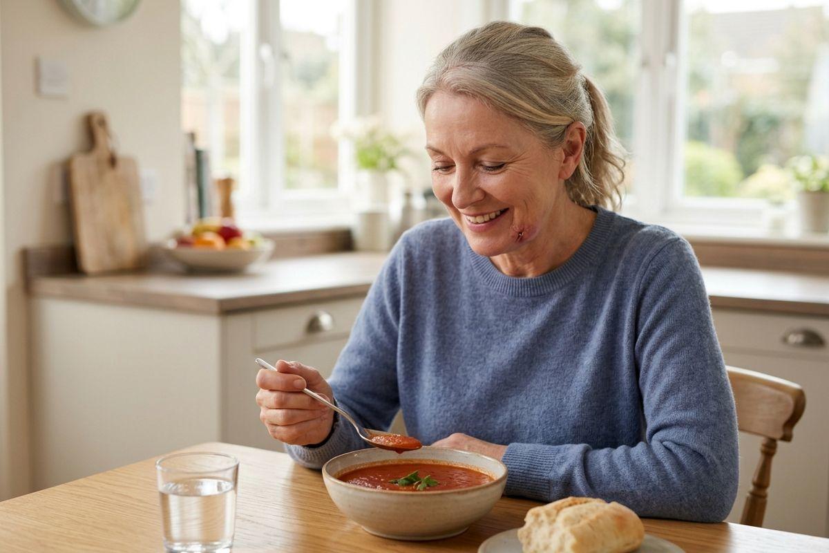 Smiling adult eating a bowl of soup with a spoon at a kitchen table, with bread and a glass of water.