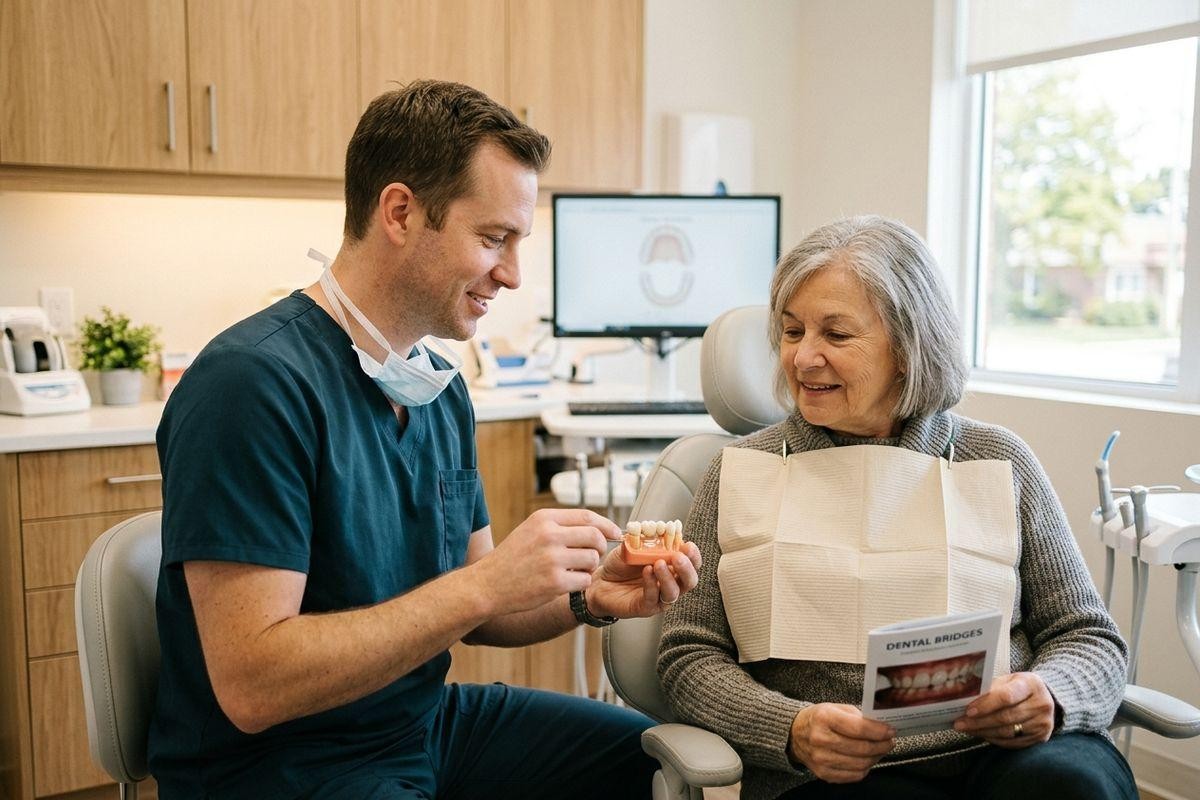 Dentist shows a teeth model to a smiling older patient holding a "Dental Bridges" brochure in an exam room.