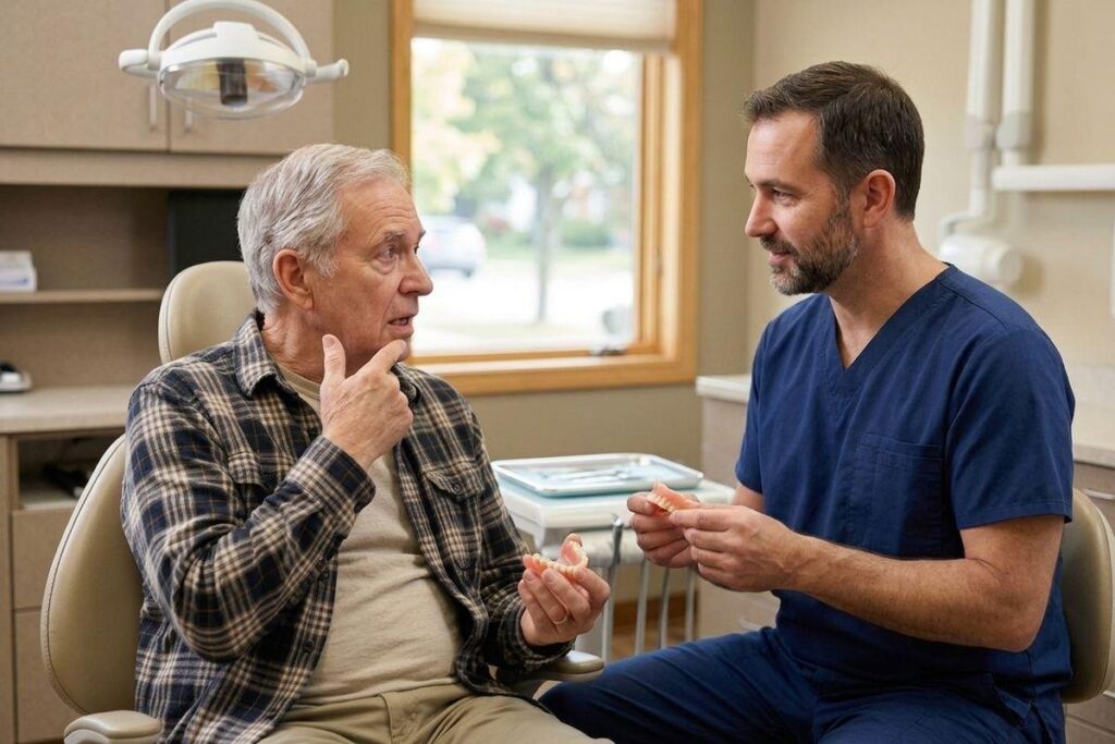 Dentist holding dentures talks with an older patient seated in a dental chair, who touches their chin while holding another denture.