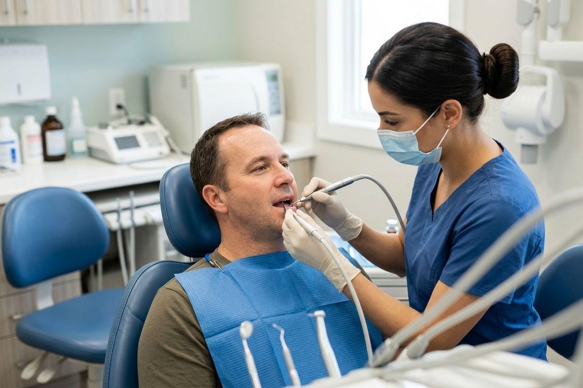 Dentist in mask and gloves treats a patient reclined in a dental chair, using tools in their mouth.