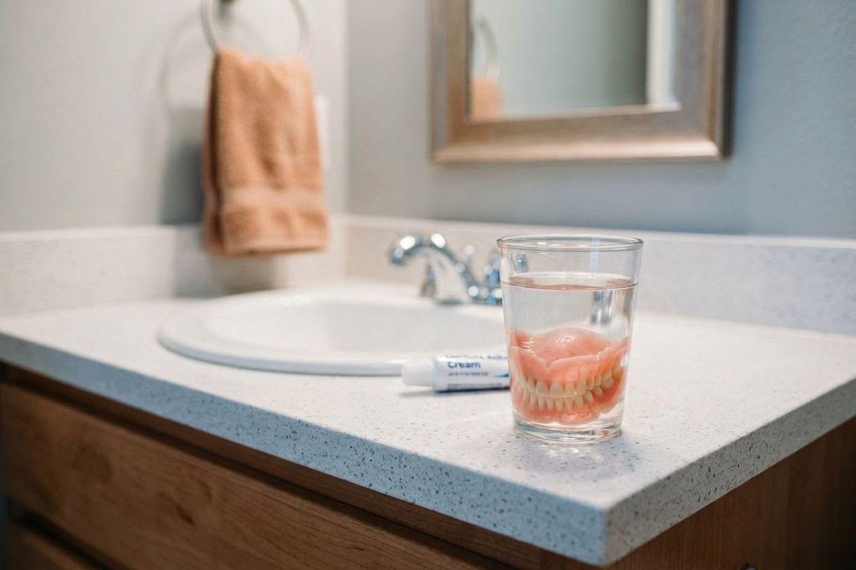 Dentures soaking in a glass of water beside a tube of adhesive cream on a bathroom sink countertop.