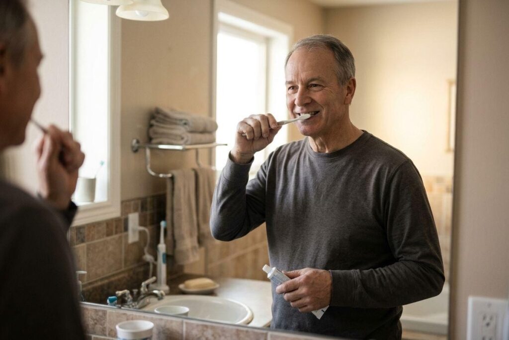 Older adult brushing teeth at a bathroom sink, holding toothpaste, reflected in the mirror.